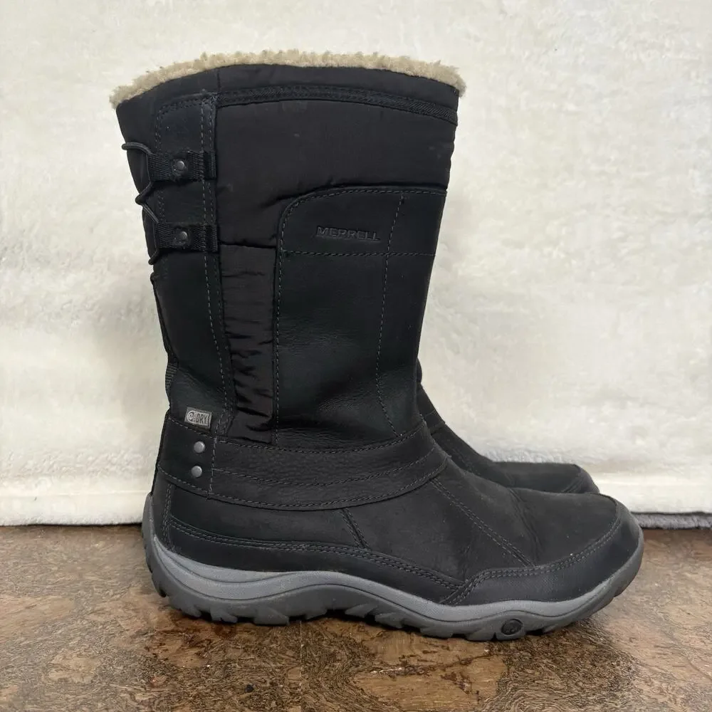 Merrell Womens Black Insulated Winter Boots US 10 Waterproof Faux Fur MId-calf